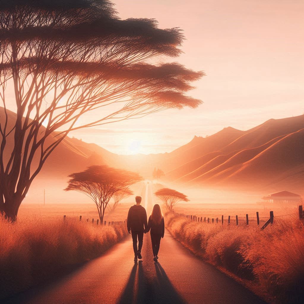 a couple walking off into the sunset on a country road with soft pastel colours