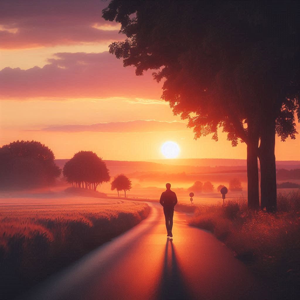 a single person walking off into the sunset on a country road with soft pastel colours